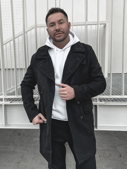 Płaszcz dwurzędowy męski zimowy czarny z wysokim kołnierzem Denley 1048B