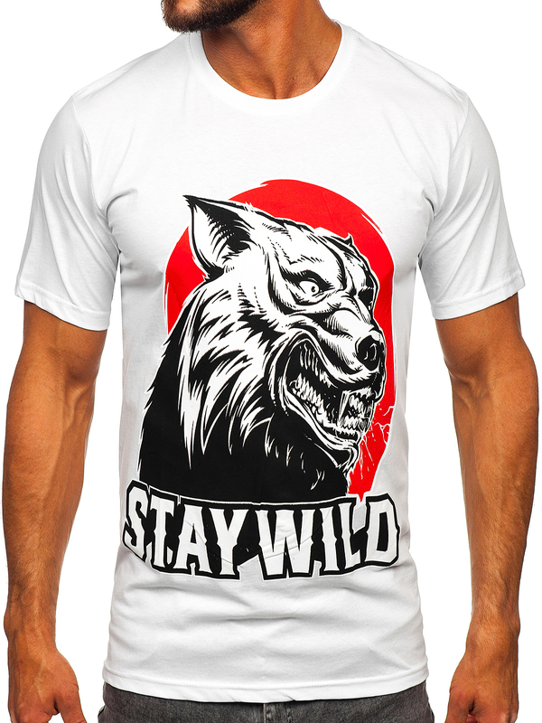 Bijeli pamučni muški T-shirt s printom Bolf 143021