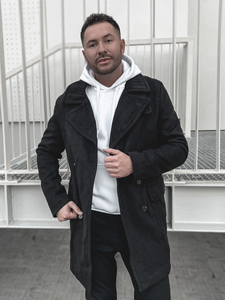 Płaszcz dwurzędowy męski zimowy czarny z wysokim kołnierzem Denley 1048B