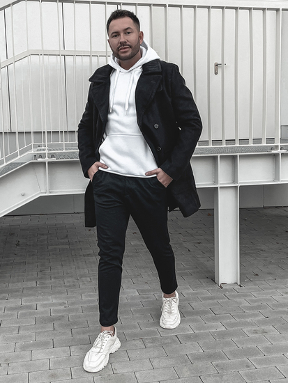 Płaszcz dwurzędowy męski zimowy czarny z wysokim kołnierzem Denley 1048B