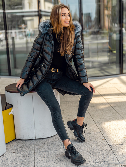 Crni duga prošivena ženska jakna s kapuljačom Bolf 7076