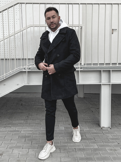 Płaszcz dwurzędowy męski zimowy czarny z wysokim kołnierzem Denley 1048B