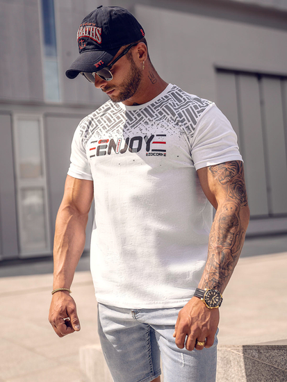 Bijeli pamučni muški T-shirt s printom Bolf 14720A