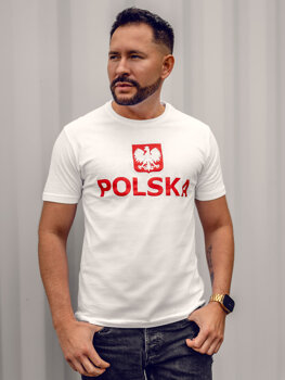 Bijeli pamučni muški t-shirt s printom Polska 5065A