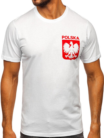 Bijeli pamučni muški t-shirt s printom Polska 5064