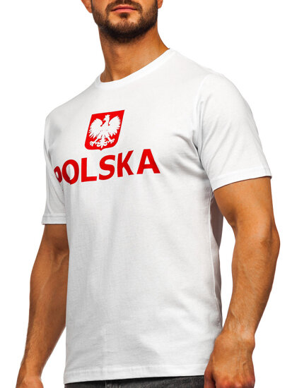 Bijeli pamučni muški t-shirt s printom Polska 5065