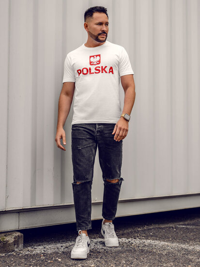 Bijeli pamučni muški t-shirt s printom Polska 5065A