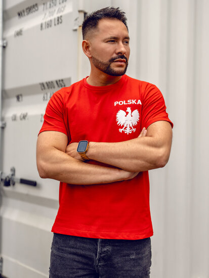 Crveni pamučni muški t-shirt s printom Polska 5064A