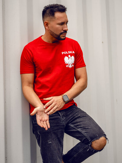 Crveni pamučni muški t-shirt s printom Polska 5064A